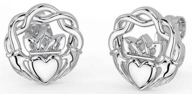 White Gold Celtic Claddagh Stud Earrings