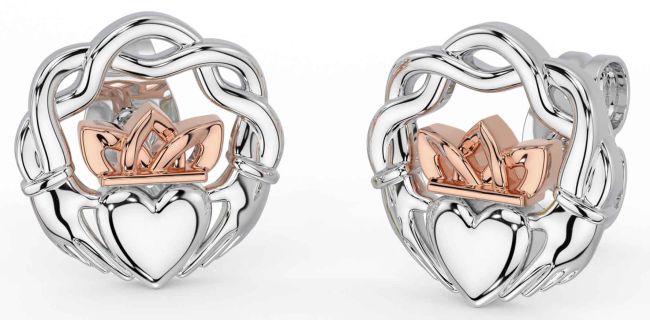White Rose Gold Celtic Claddagh Stud Earrings