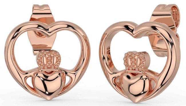 Rose Gold Silver Claddagh Heart Dangle Earrings