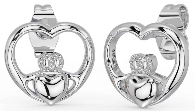 White Gold Claddagh Heart Dangle Earrings