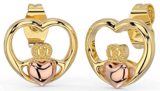 Rose Yellow Gold Claddagh Heart Dangle Earrings