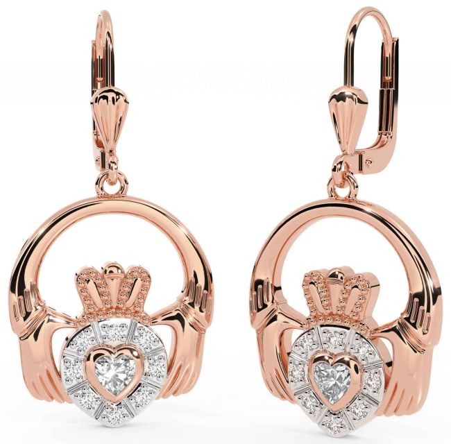 Diamond Rose Gold Silver Claddagh Dangle Earrings