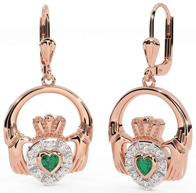 Diamond Emerald Rose Gold Silver Claddagh Dangle Earrings