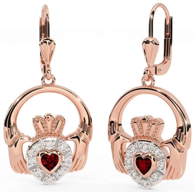 Diamond Garnet Rose Gold Silver Claddagh Dangle Earrings