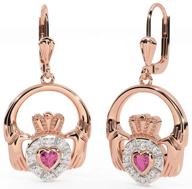 Diamond Pink Tourmaline Rose Gold Silver Claddagh Dangle Earrings