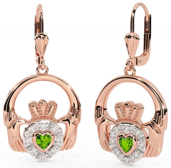 Diamond Peridot Rose Gold Silver Claddagh Dangle Earrings