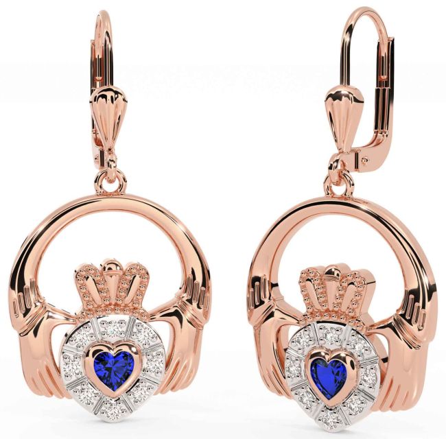 Diamond Sapphire Rose Gold Silver Claddagh Dangle Earrings