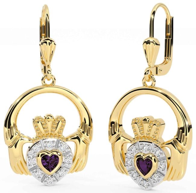 Diamond Alexandrite Gold Silver Claddagh Dangle Earrings