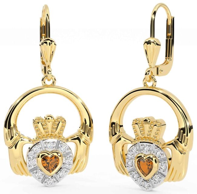 Diamond Citrine Gold Silver Claddagh Dangle Earrings