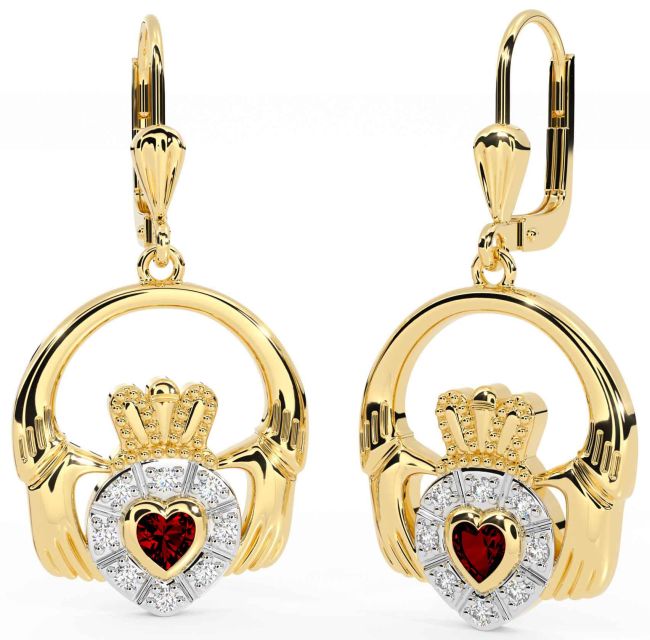 Diamond Garnet Gold Silver Claddagh Dangle Earrings