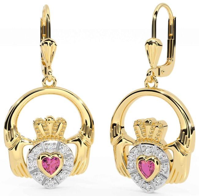 Diamond Pink Tourmaline Gold Silver Claddagh Dangle Earrings