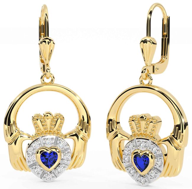 Diamond Sapphire Gold Silver Claddagh Dangle Earrings