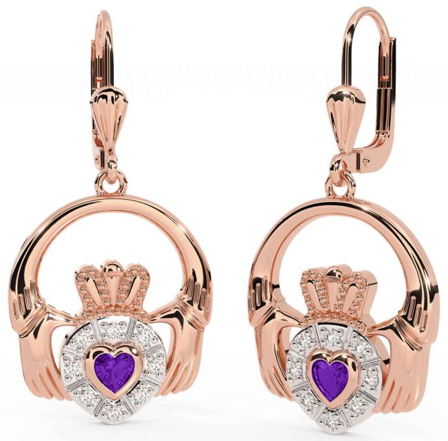 Diamond Amethyst Rose Gold Claddagh Dangle Earrings