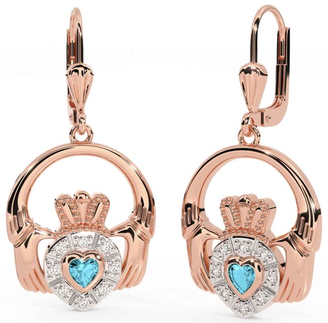 Diamond Aquamarine Rose Gold Claddagh Dangle Earrings