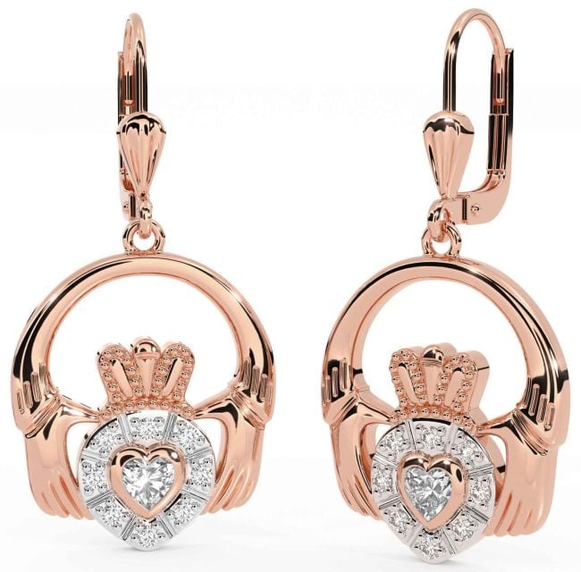 Diamond Rose Gold Claddagh Dangle Earrings