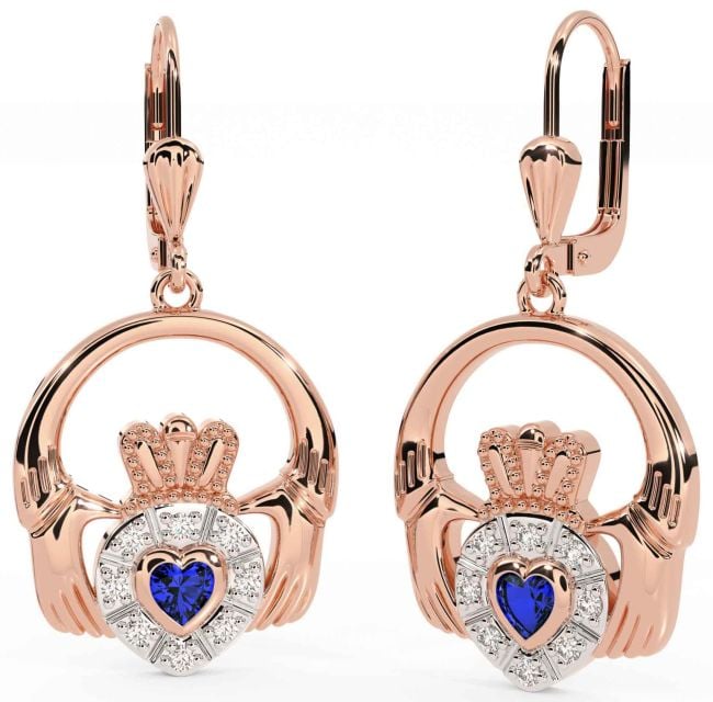 Diamond Sapphire Rose Gold Claddagh Dangle Earrings