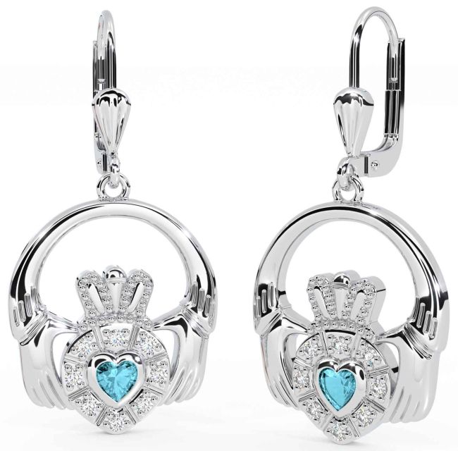 Diamond Aquamarine Silver Claddagh Dangle Earrings