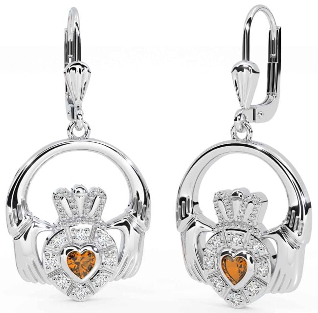 Diamond Citrine Silver Claddagh Dangle Earrings