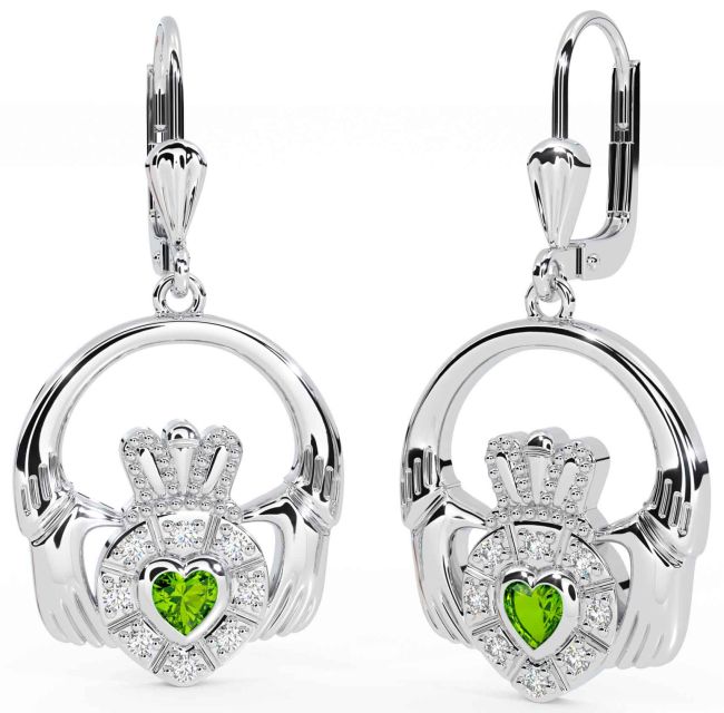 Diamond Peridot Silver Claddagh Dangle Earrings