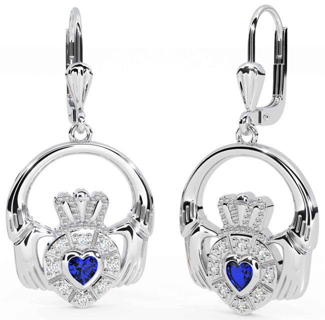 Diamond Sapphire Silver Claddagh Dangle Earrings