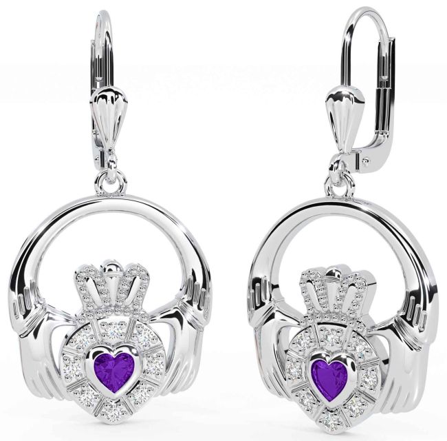 Diamond Amethyst White Gold Claddagh Dangle Earrings