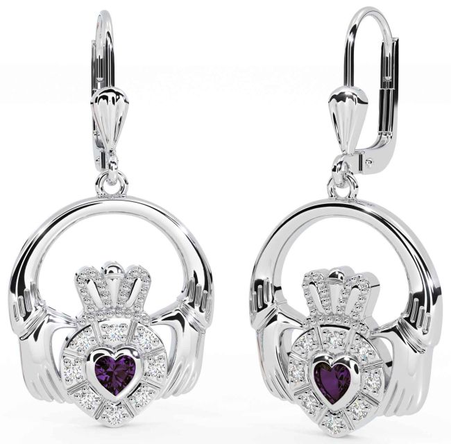 Diamond Alexandrite White Gold Claddagh Dangle Earrings