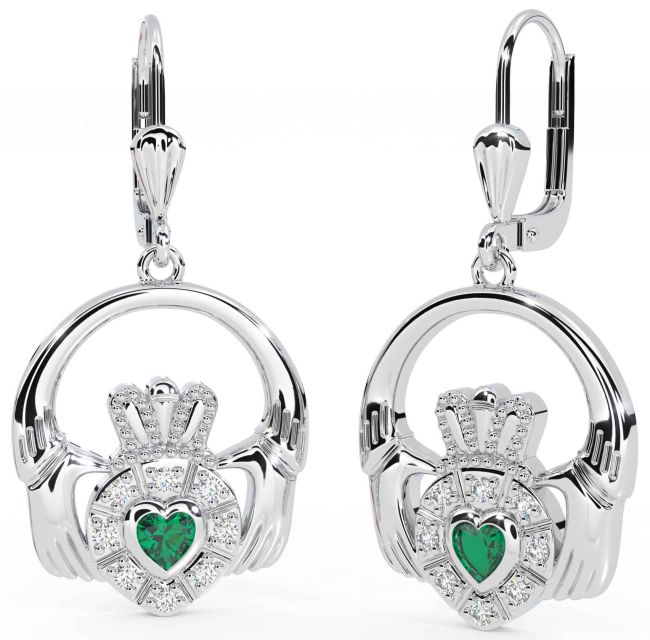 Diamond Emerald White Gold Claddagh Dangle Earrings