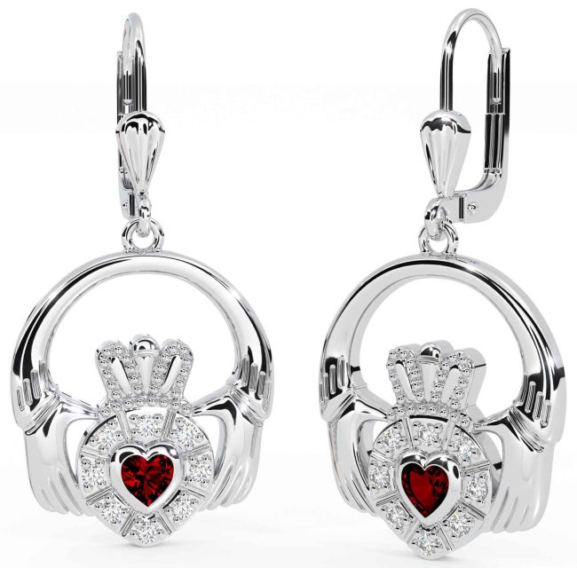 Diamond Garnet White Gold Claddagh Dangle Earrings