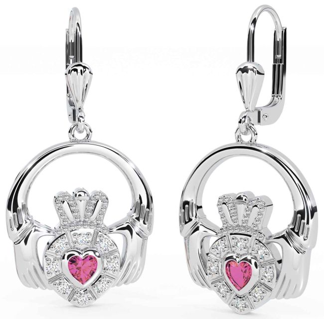 Diamond Pink Tourmaline White Gold Claddagh Dangle Earrings