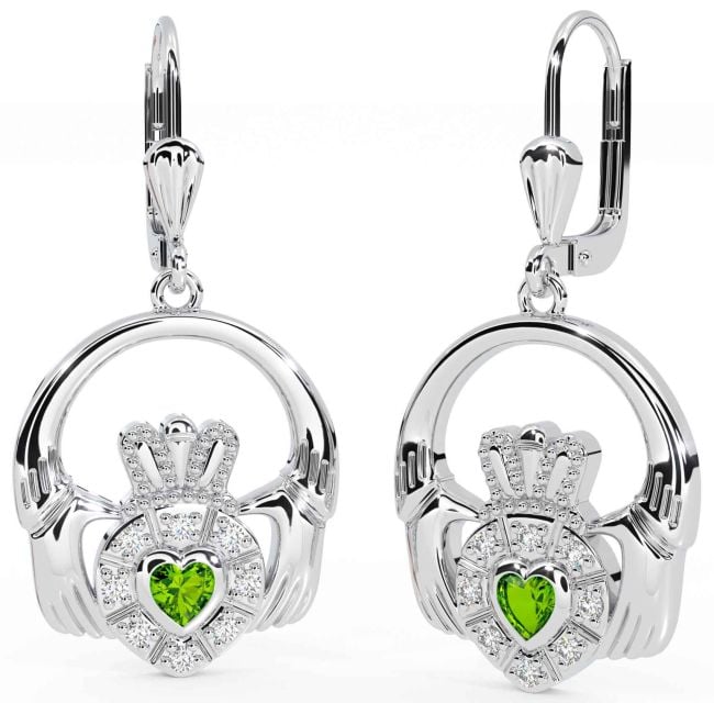 Diamond Peridot White Gold Claddagh Dangle Earrings