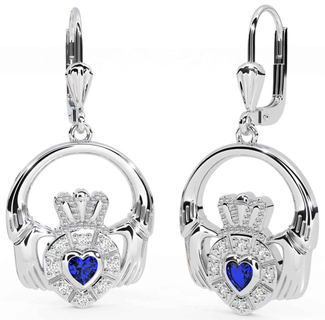 Diamond Sapphire White Gold Claddagh Dangle Earrings