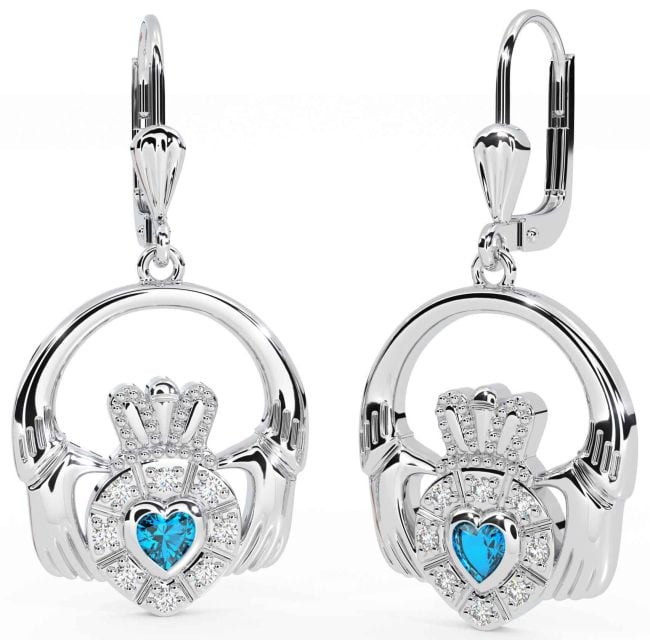 Diamond Topaz White Gold Claddagh Dangle Earrings