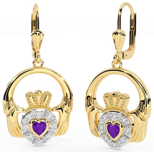 Diamond Amethyst Gold Claddagh Dangle Earrings