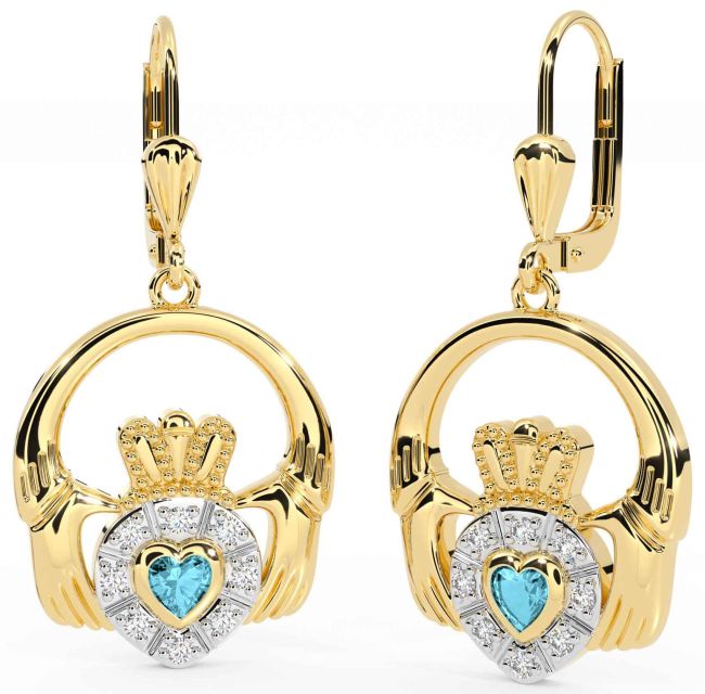 Diamond Aquamarine Gold Claddagh Dangle Earrings
