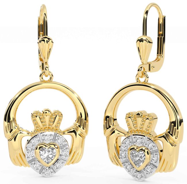 Diamond Gold Claddagh Dangle Earrings