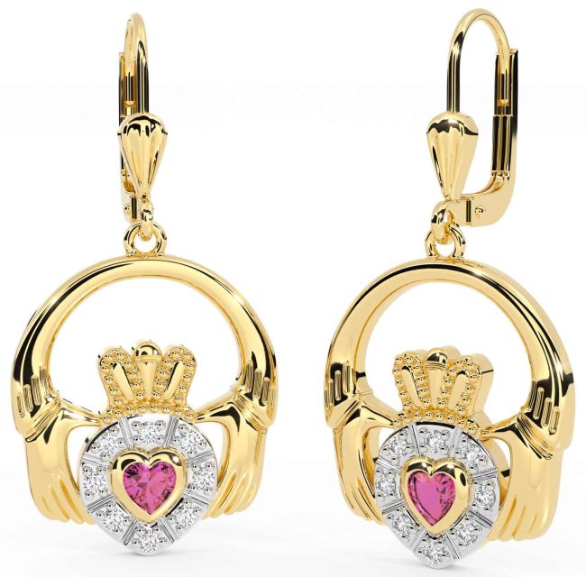 Diamond Pink Tourmaline Gold Claddagh Dangle Earrings