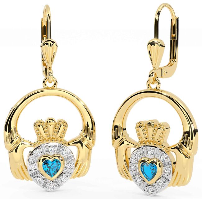 Diamond Topaz Gold Claddagh Dangle Earrings