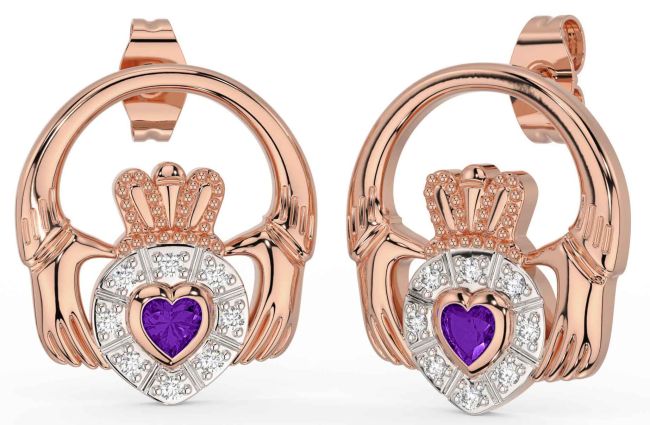 Diamond Amethyst Rose Gold Silver Claddagh Dangle Earrings