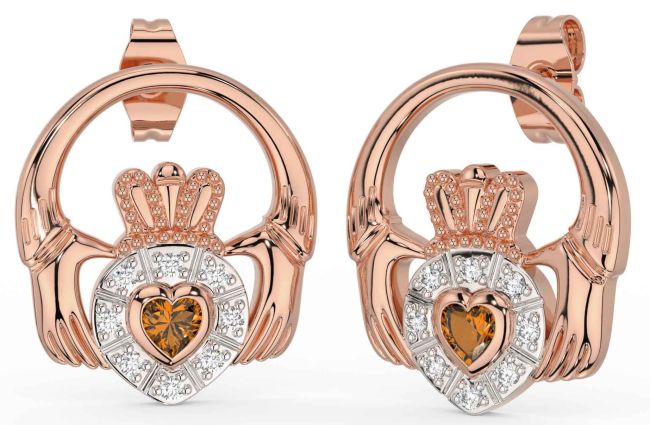 Diamond Citrine Rose Gold Silver Claddagh Dangle Earrings