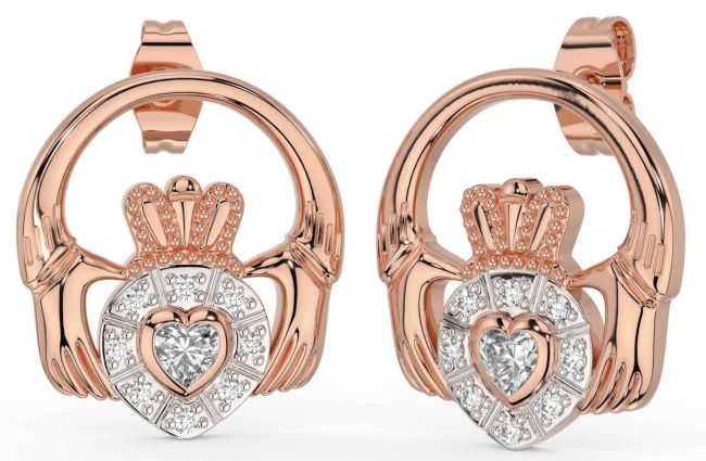 Diamond Rose Gold Silver Claddagh Dangle Earrings
