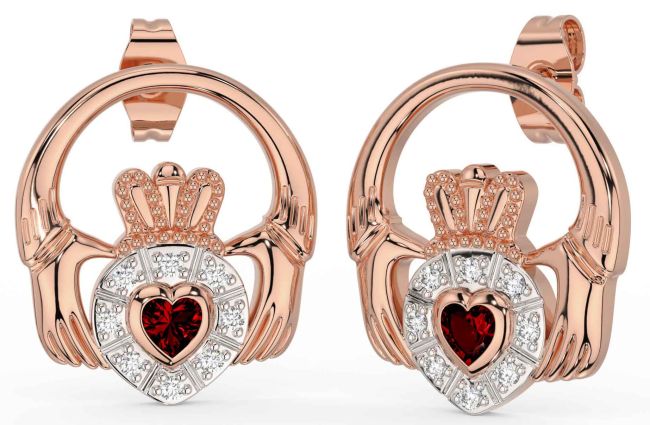 Diamond Garnet Rose Gold Silver Claddagh Dangle Earrings