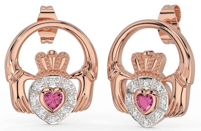 Diamond Pink Tourmaline Rose Gold Silver Claddagh Dangle Earrings