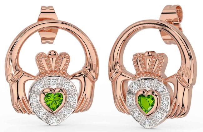 Diamond Peridot Rose Gold Silver Claddagh Dangle Earrings