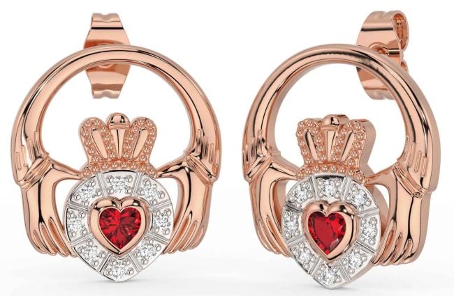 Diamond Ruby Rose Gold Silver Claddagh Dangle Earrings