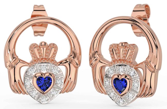 Diamond Sapphire Rose Gold Silver Claddagh Dangle Earrings