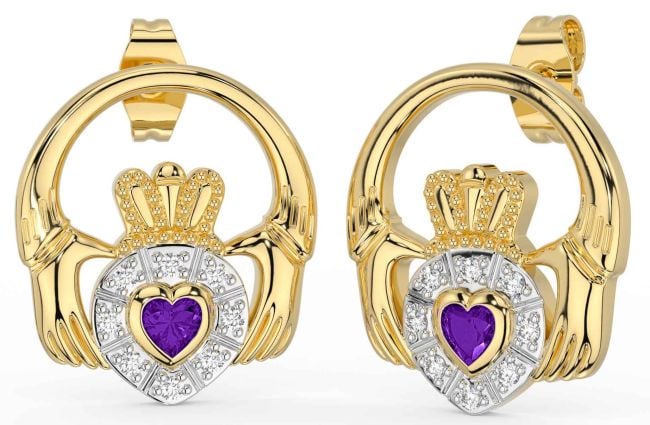 Diamond Amethyst Gold Silver Claddagh Dangle Earrings