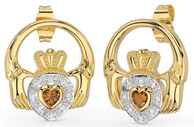 Diamond Citrine Gold Silver Claddagh Dangle Earrings