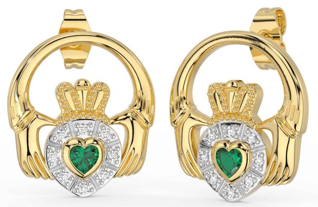 Diamond Emerald Gold Silver Claddagh Dangle Earrings