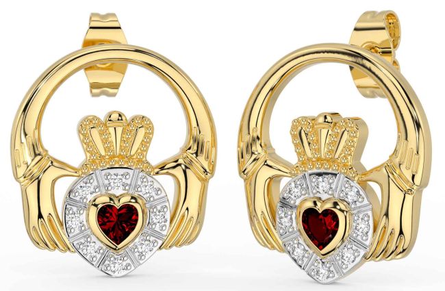 Diamond Garnet Gold Silver Claddagh Dangle Earrings