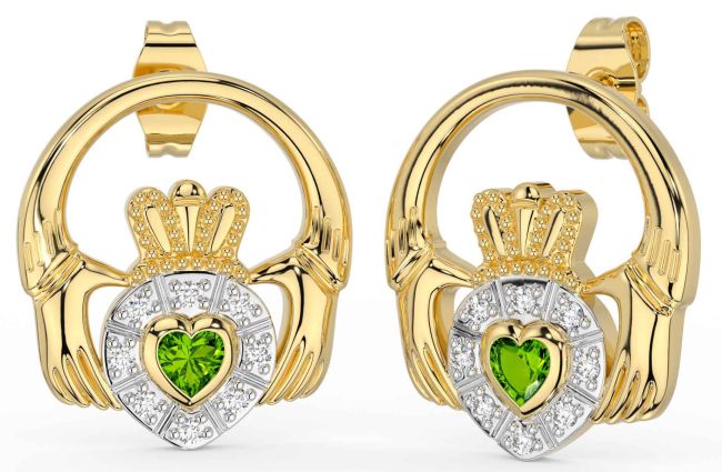Diamond Peridot Gold Silver Claddagh Dangle Earrings